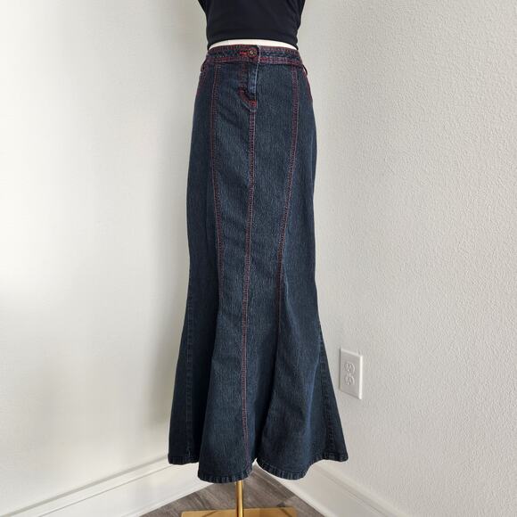 Vintage Y2K Bisou Bisou Dark Denim Low Rise Mermaid Maxi Skirt 2 - Picture 1 of 13